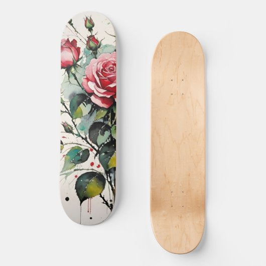 Bloeiende Rozen Waterverf Skateboard (Voorkant)