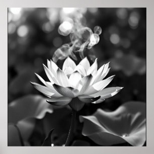 Bloeiende rust: Lotus houtskool kunst Poster