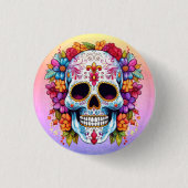 Bloeiende schedel ronde button 3,2 cm (Voorkant)