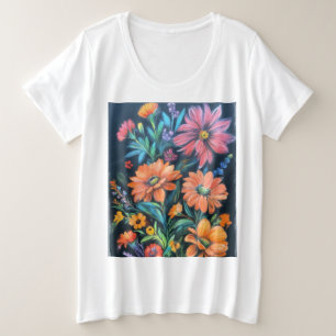 Bloeiende schoonheid: een levendige krijt tekenen grote maat t-shirt