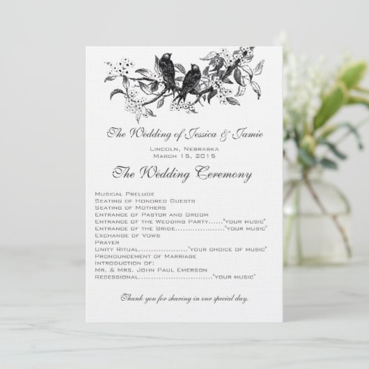 Bloeiende tak Love Bird bruiloft programma (Staand voorkant)