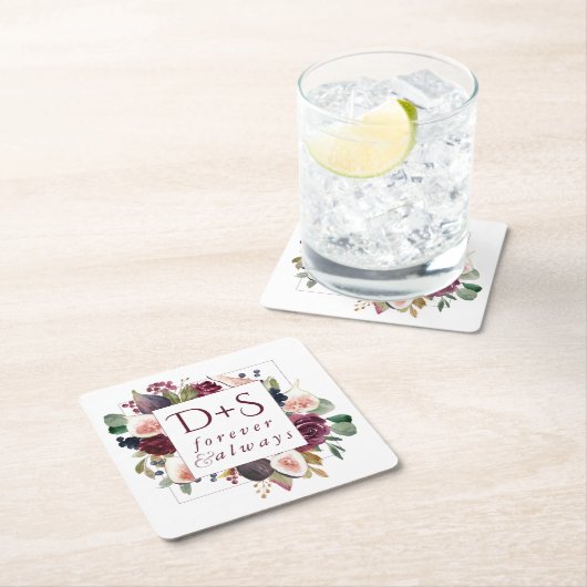 Bloeiende vijgen | Moody rustieke Monogram krans Vierkante Kartonnen Onderzetter (Insitu)