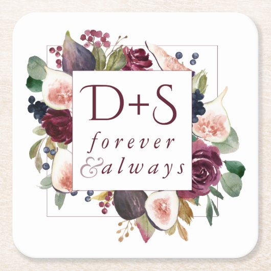 Bloeiende vijgen | Moody rustieke Monogram krans Vierkante Kartonnen Onderzetter (Voorkant)