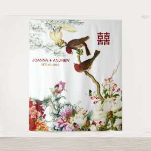 Bloeiende Vogels & Bloemen Chinees Huwelijk © Wandkleed