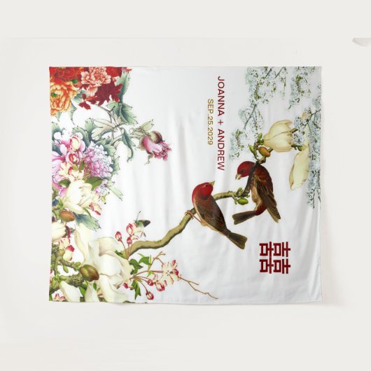 Bloeiende Vogels & Bloemen Chinese Trouw © Wandkleed (Voorkant (horizontaal))