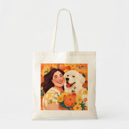 Bloeiende vrouw & reddingshond bloemportret tote bag