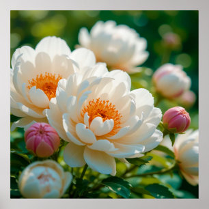 Bloeiende Witte Pioenrozen Voor Elegante Tuindecor Poster