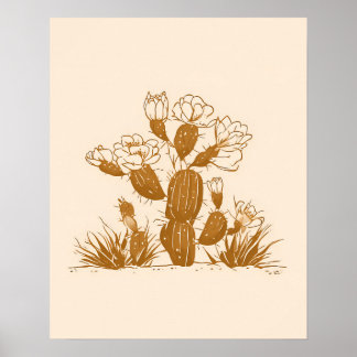 Bloeiende woestijncactus botanische lijnkunst afdr poster