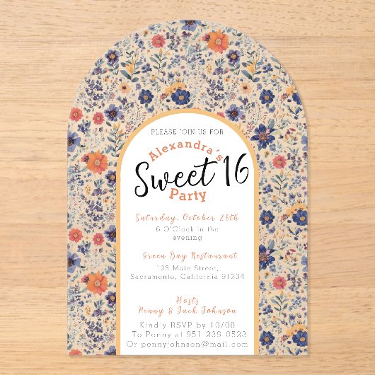 Bloeiende zoete zestien uitnodiging transparant acryl uitnodigingen (Voorkant)