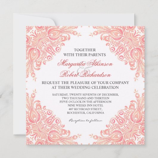 bloeit Damask huwelijksuitnodigingen Kaart (Voorkant)
