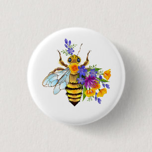 Bloem bij met wilde planten ronde button 3,2 cm