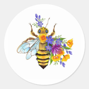 Bloem bij met wilde planten ronde sticker