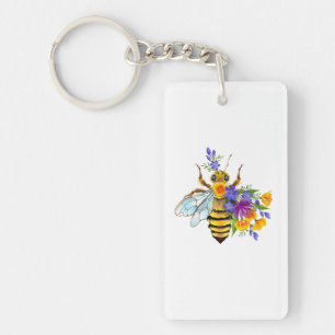 Bloem bij met wilde planten sleutelhanger