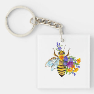 Bloem bij met wilde planten sleutelhanger