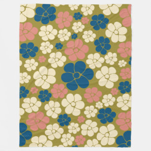 Bloem - blauw, olijfgroen, roze en crème fleece deken