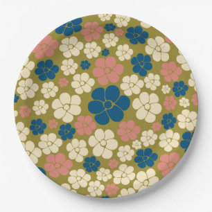 Bloem - blauw, olijfgroen, roze en crème papieren bordje