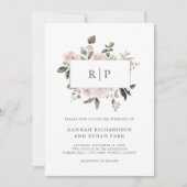  bloem | Blush Waterverf monogram bruiloft Kaart (Voorkant)