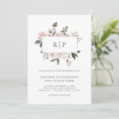  bloem | Blush Waterverf monogram bruiloft Kaart (Staand voorkant)