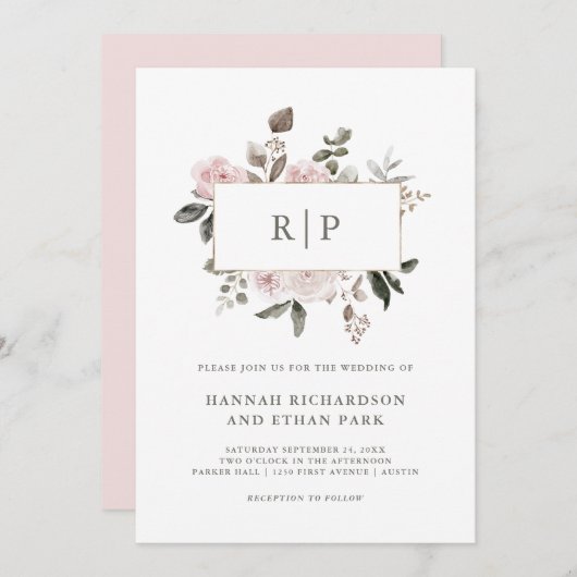  bloem | Blush Waterverf monogram bruiloft Kaart (Voorkant / Achterkant)