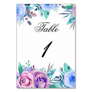 Bloem Bruiloft Tafel Nummer. Blauwe Paarse Bloemen Kaart