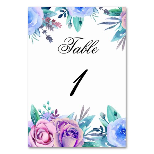 Bloem Bruiloft Tafel Nummer. Blauwe Paarse Bloemen Kaart (Voorkant)