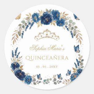 Bloem Butterfly Navy Gouden Tiara Quinceañera Ronde Sticker