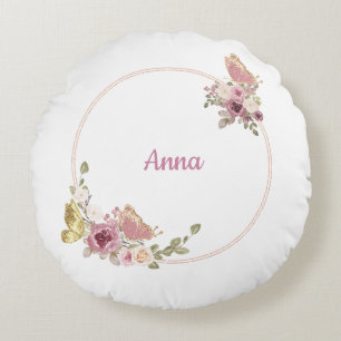 Bloem Butterfly Roze Goud – Aangepaste naam Rond Kussen