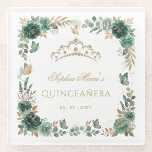 Bloem Butterfly Smaragd Gouden Tiara Quinceañera Glazen Onderzetter