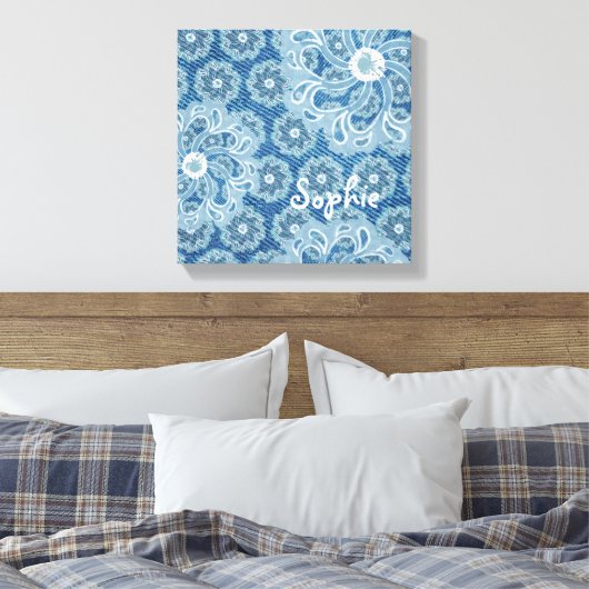 Bloem & denim vervaagd aqua vierkant canvas wrap (Insitu (Slaapkamer))