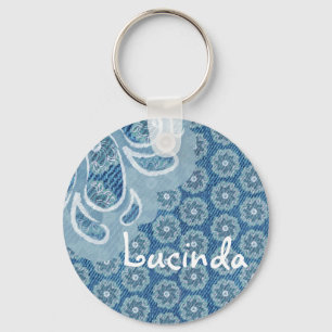 Bloem & denim vervaagde aqua naam sleutelhanger