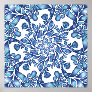 Bloem- en bladmandala in blauwvintonijn poster