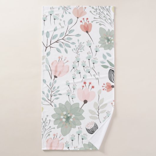 Bloem- en bladpatroon in tropisch groen en roze badhanddoek (Badhanddoek)