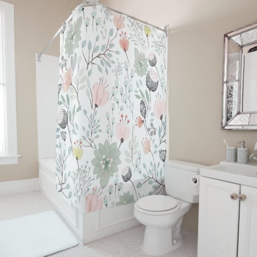 Bloem- en bladpatroon in tropisch groen en roze douchegordijn (In situ)