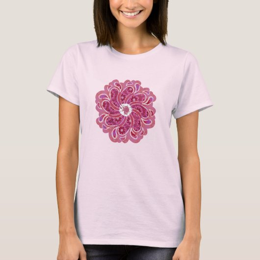 Bloem en denim kersenrode designertop t-shirt (Voorkant)