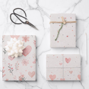 Bloem- en hartwikkelpapierenset van 3 inpakpapier vel