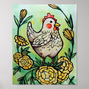 Bloem en kip illustratie kippen poster