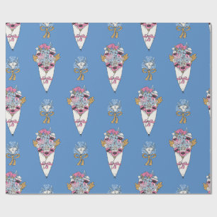 Bloem- en parfumboeketbundel op blauw cadeaupapier
