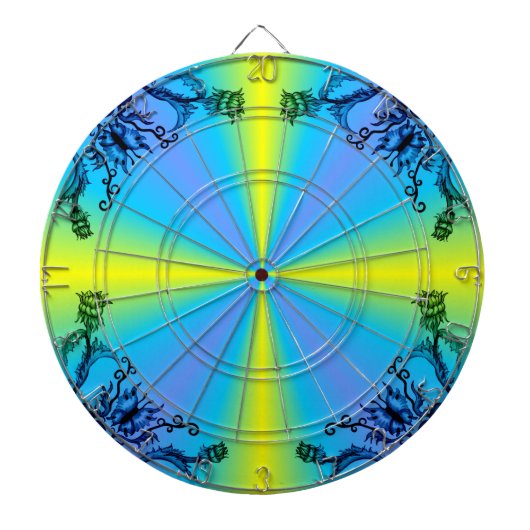 Bloem en vlinder op blauwe gele regenboog dartbord (Voorkant)