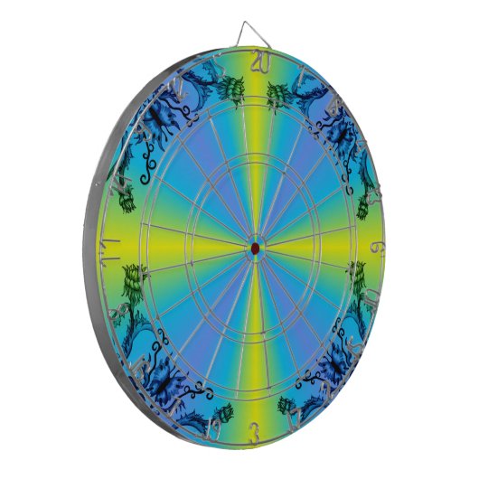 Bloem en vlinder op blauwe gele regenboog dartbord (Voorkant Links)