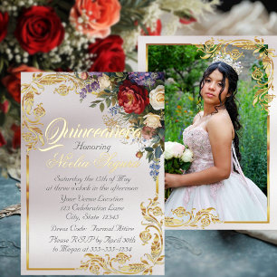 Bloem, Foto & Gouden Lijst - Parel Quinceanera Folie Uitnodiging
