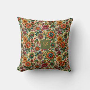 Bloem geel oranje cottagecore Patroon monogram Kussen