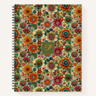 Bloem geel oranje cottagecore Patroon monogram Notitieboek