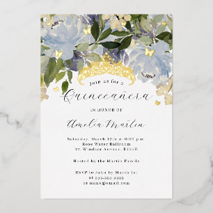 Bloem Glans Vlinders Stof Blauw Quinceanera Folie Uitnodiging