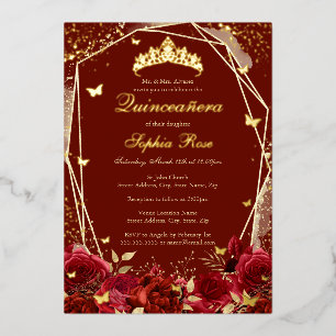 Bloem goud Rode Tiara Quinceanera Folie Uitnodiging