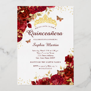 Bloem Goud Rode Vlinder Elegante Quinceanera  Folie Uitnodiging