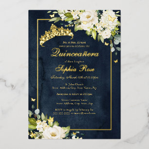 Bloem Gouden Vlinder Navy Quinceanera Folie Uitnodiging