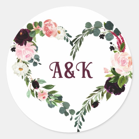 Bloem haard krans MONOGRAM boho burgundy Ronde Sticker (Voorkant)