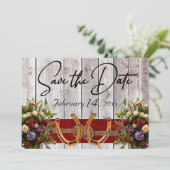 Bloem & Hoefijzers Rood lint bruiloft Save The Date (Staand voorkant)