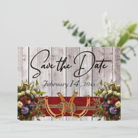 Bloem & Hoefijzers Rood lint bruiloft Save The Date (Staand voorkant)