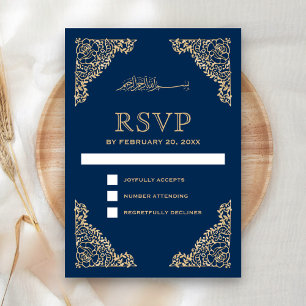 Bloem Kader Blauw en Goud Islamitische Moslim Brui RSVP Kaartje